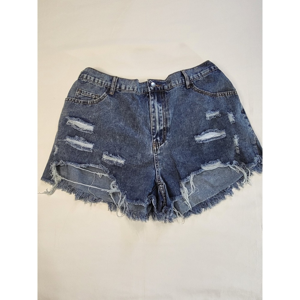 SHEIN Curve Distressed Denim Shorts Blue High Waist Frayed Hem 2XL Plus Size
